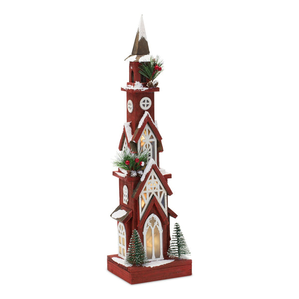 Melrose Lighted Winter Church Display with Pine Accents and Snowy Finish 19"H