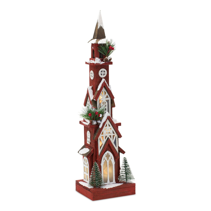 Melrose Lighted Winter Church Display with Pine Accents and Snowy Finish 19"H