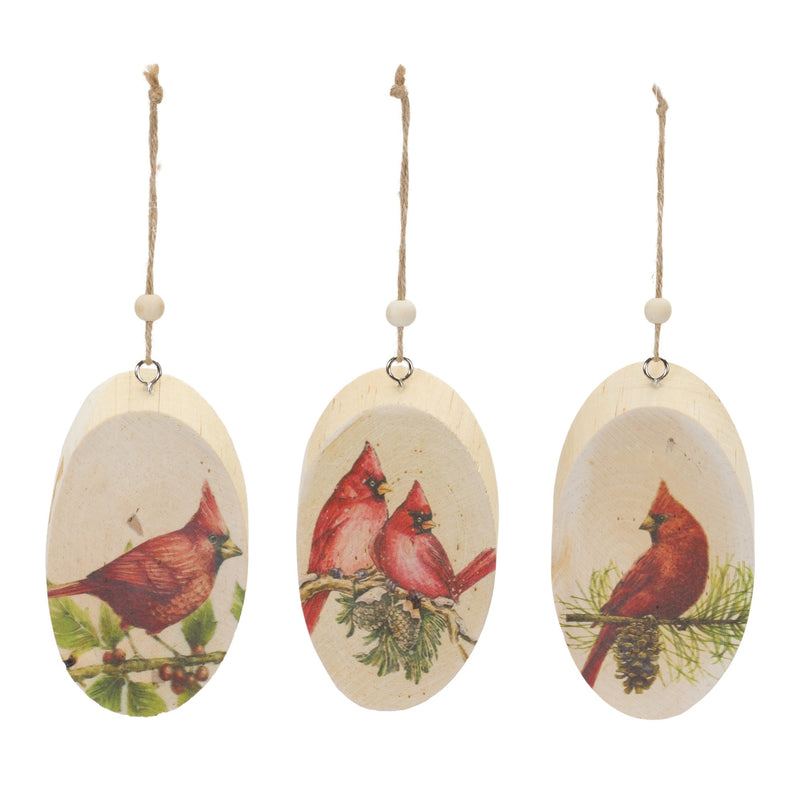 Wood Cardinal Bird Tree Disc Ornament (Set of 24)