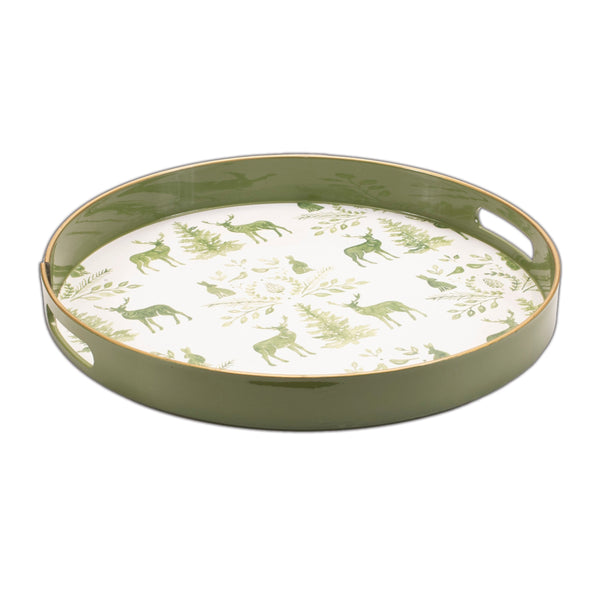 Melrose Round Deer and Pine Tree Print Tray 13.5"H