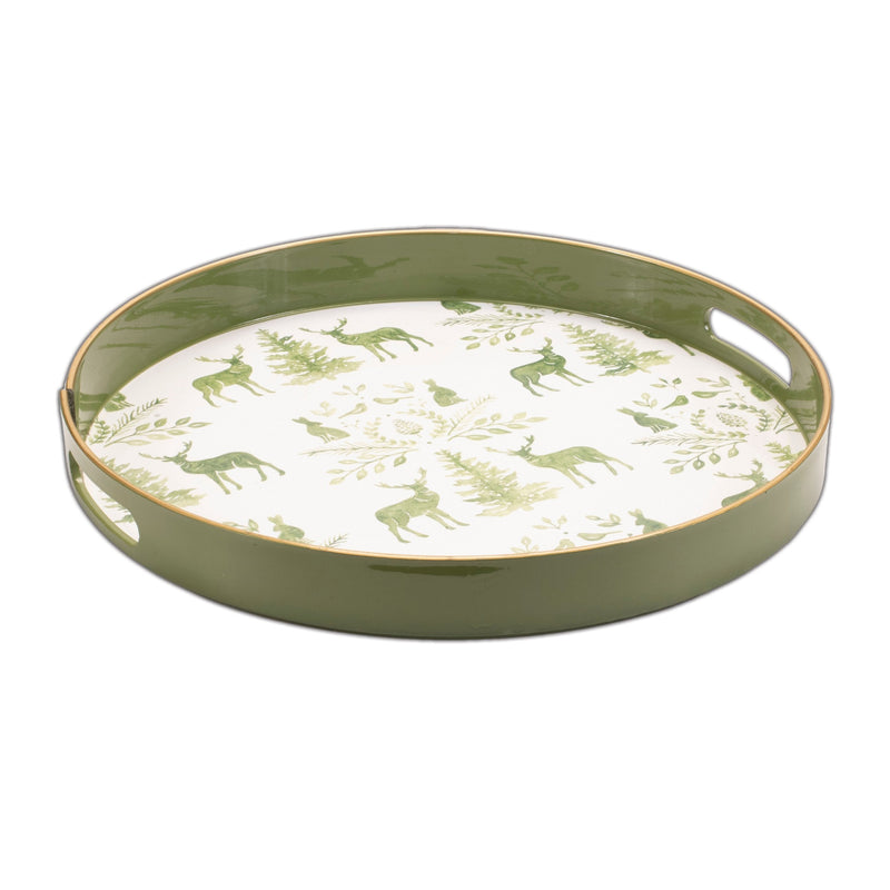 Melrose Round Deer and Pine Tree Print Tray 13.5"H