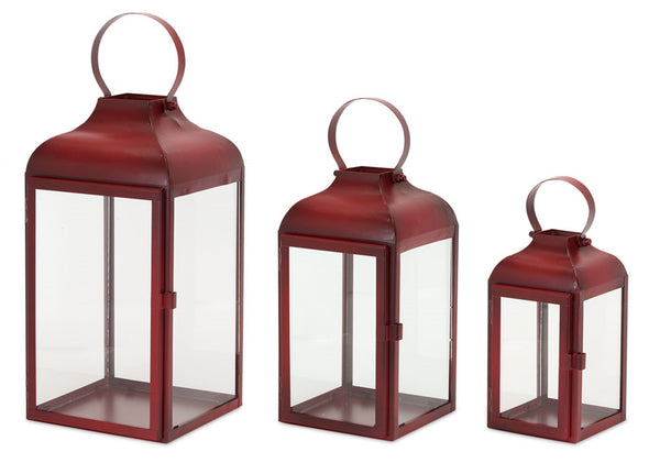 Melrose Modern Red Metal Lantern (Set of 3) Red  Clear Decorative Candle