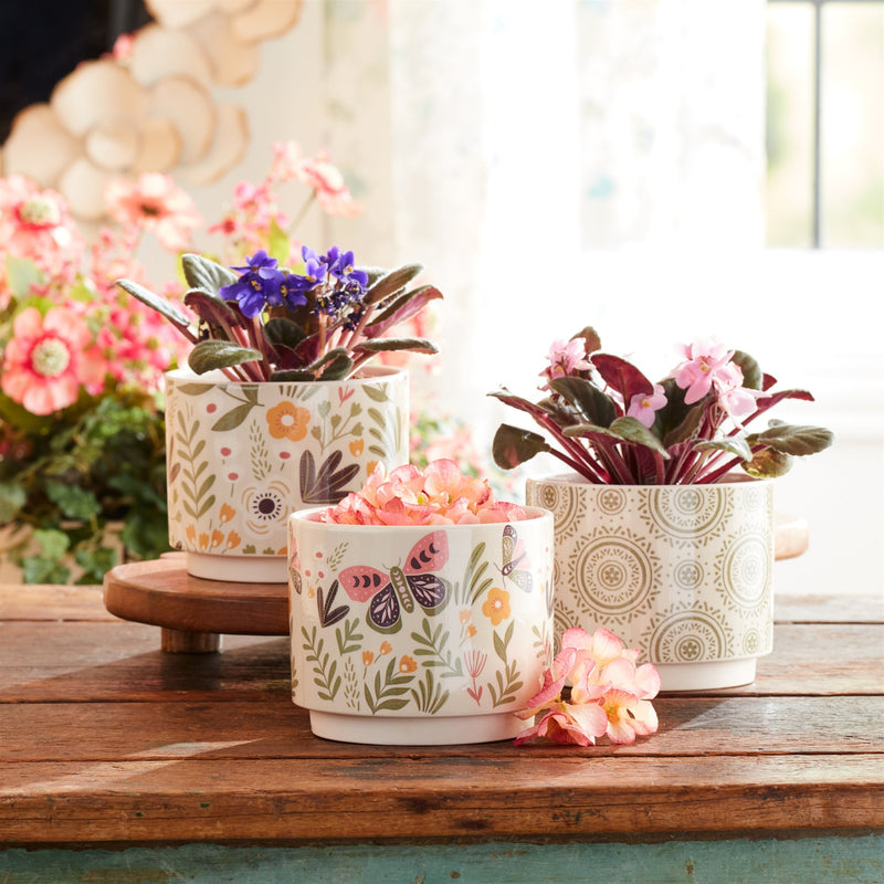 Melrose Stone Floral Patterned Planter Set of 3 Planter, Dolomite