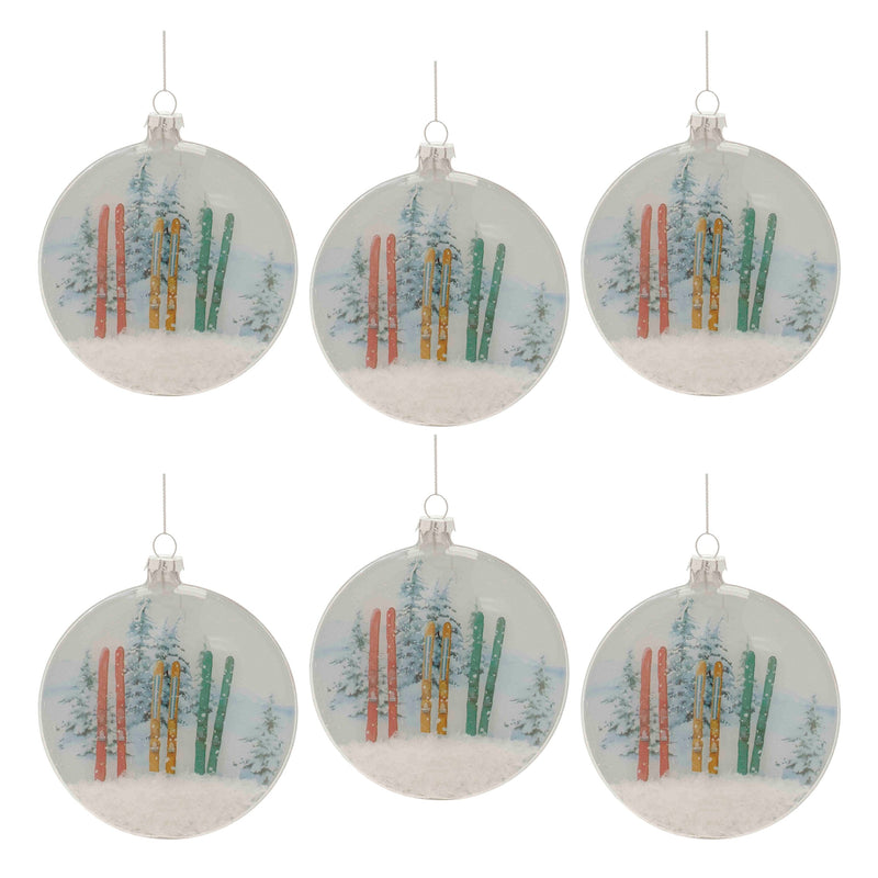 Melrose Glass Ski and Snow Disc Ornament (Set of 6)