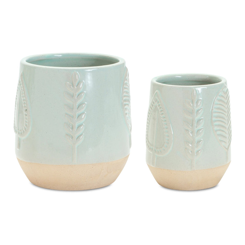 Melrose Two-Tone Porcealin Planter with Leaf Design Set of 2 Planter, Porcelain