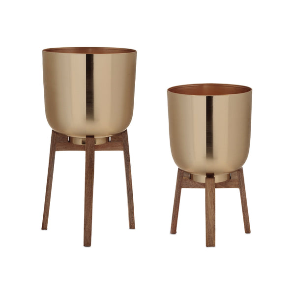 Melrose Round Metal Planter with Wooden Stand Set of 2 Planter