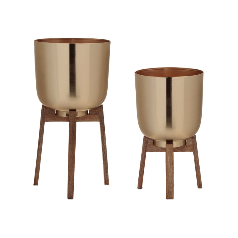 Melrose Round Metal Planter with Wooden Stand Set of 2 Planter