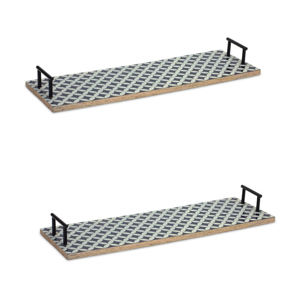 Melrose Mango Wood Tray with Geometric Design and Metal Handle Accents (Set of 2