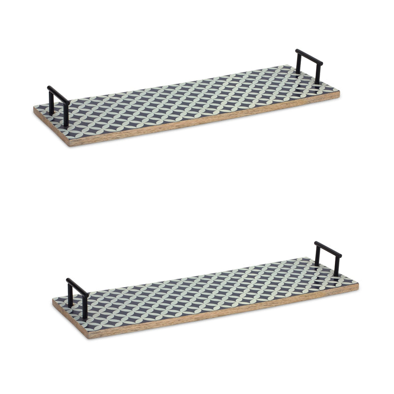 Melrose Mango Wood Tray with Geometric Design and Metal Handle Accents (Set of 2
