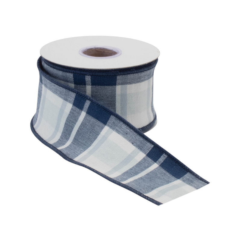 Melrose Navy Blue and White Plaid Wired Ribbon (Set of 2)