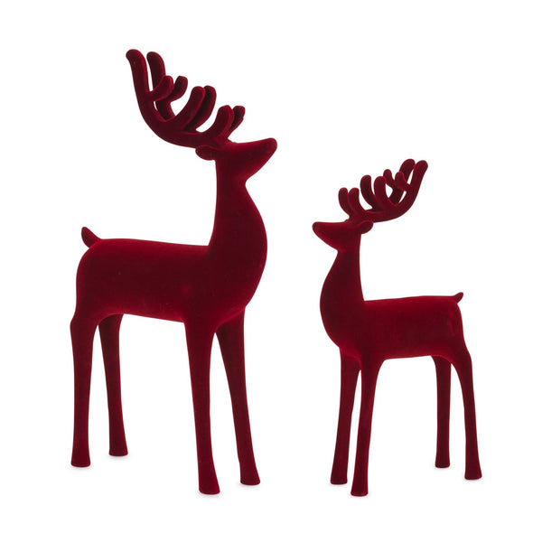 Red Flocked Deer Figurine (Set of 2)