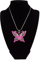 Butterfly Pendant Necklace - Pink Enamel w/ Rhinestone Crystals - 16" Fashion