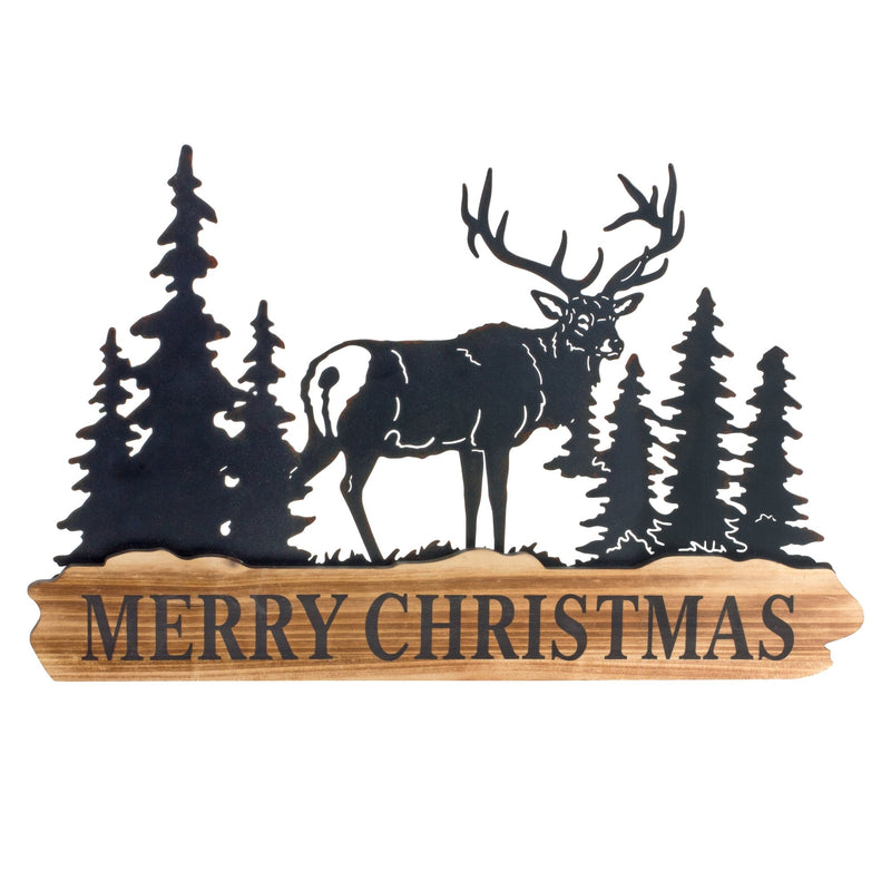 Wood Merry Christmas Sign with Cut Metal Forest Accent (Set of 2)