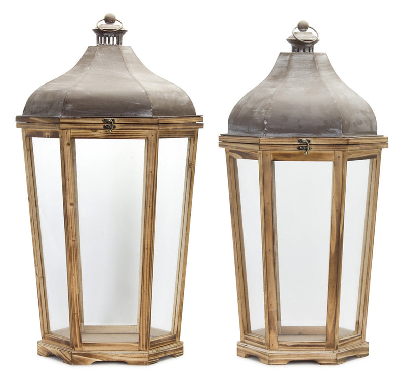 Tapered Wooden Floor Lantern with Rustic Metal Lid (Set of 2)