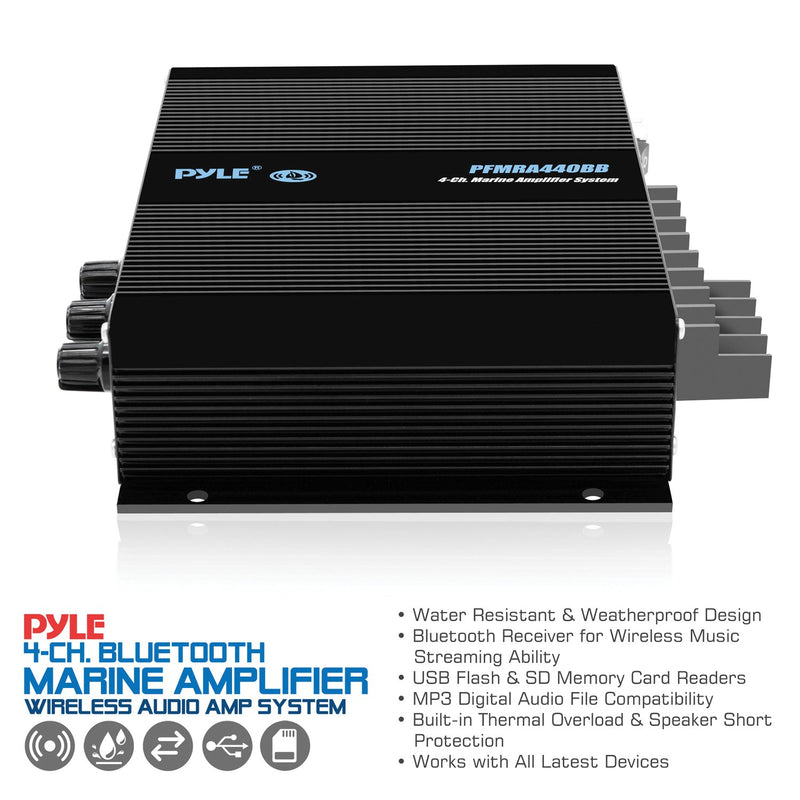 Pyle 400 Watt 4 Channel Marine Amplifier w/ Bluetooth & Remote Gain Control
