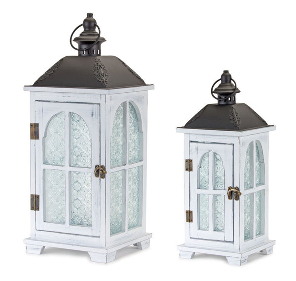 White Wood Lantern with Ornate Frosted Glass (Set of 2)