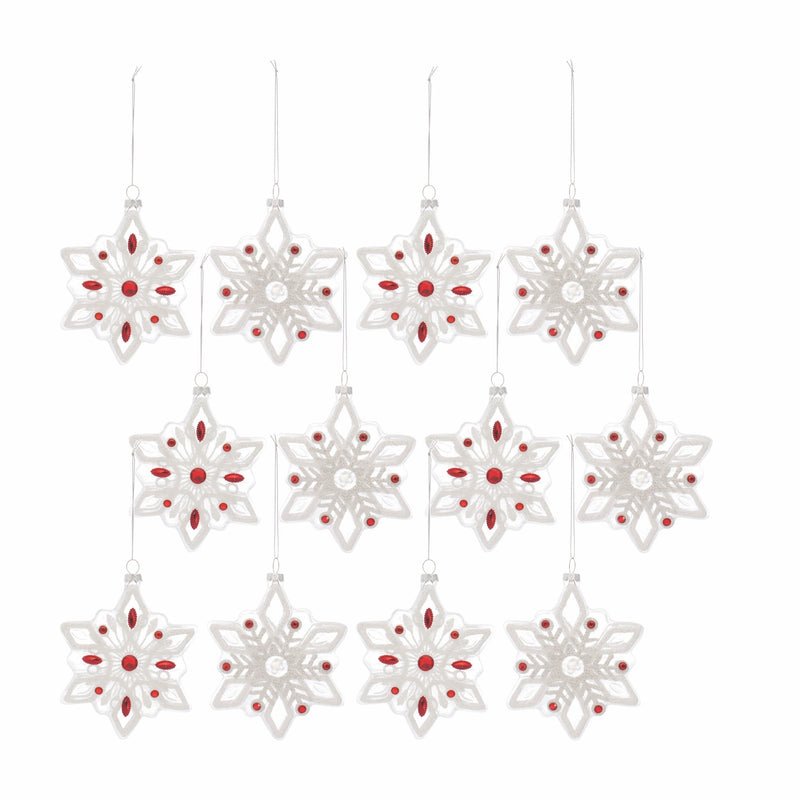 White Glass Snowflake Ornament with Red Bead Accent (Set of 12)