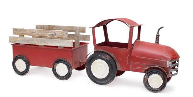 Iron Metal Tractor with Wagon Décor with Wood Accents 27.5"L