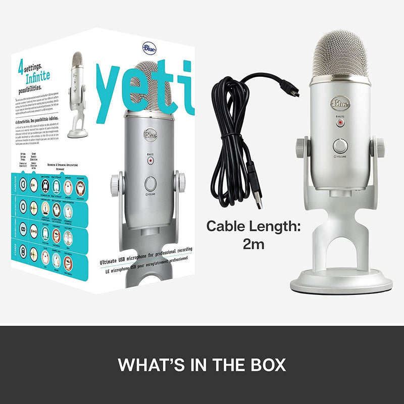Blue Yeti Silver Plus Pack USB Microphone for Streaming & Podcasting w/ Software