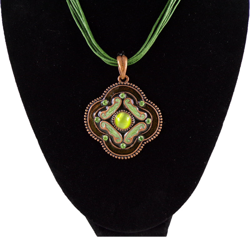 Pendant Necklace w/ Bronze & Green Colors w/ Green Rhinestones - 18"