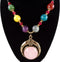 Boho Beaded Fashion Necklace w/ Pink Medallion and Multi-color Beads - 28" - Statement
