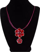 Pendant Necklace Red Enamel Flowers w/ Rhinestone Centers - Cocktail Statement