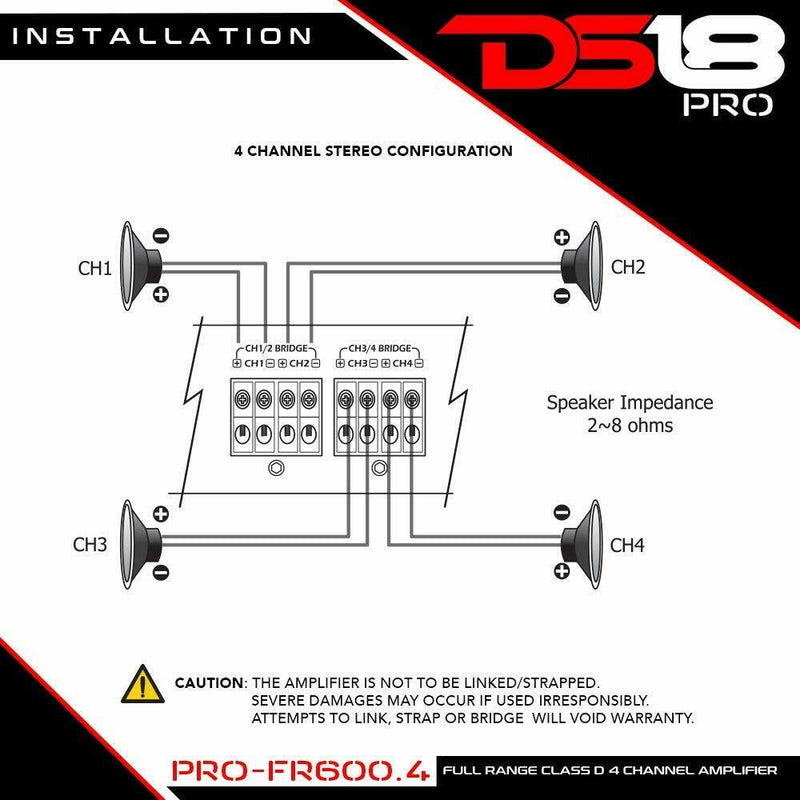 DS18 PRO-FR600.4 Full Range 600 Watts Max Class D Four Channel Amplifier