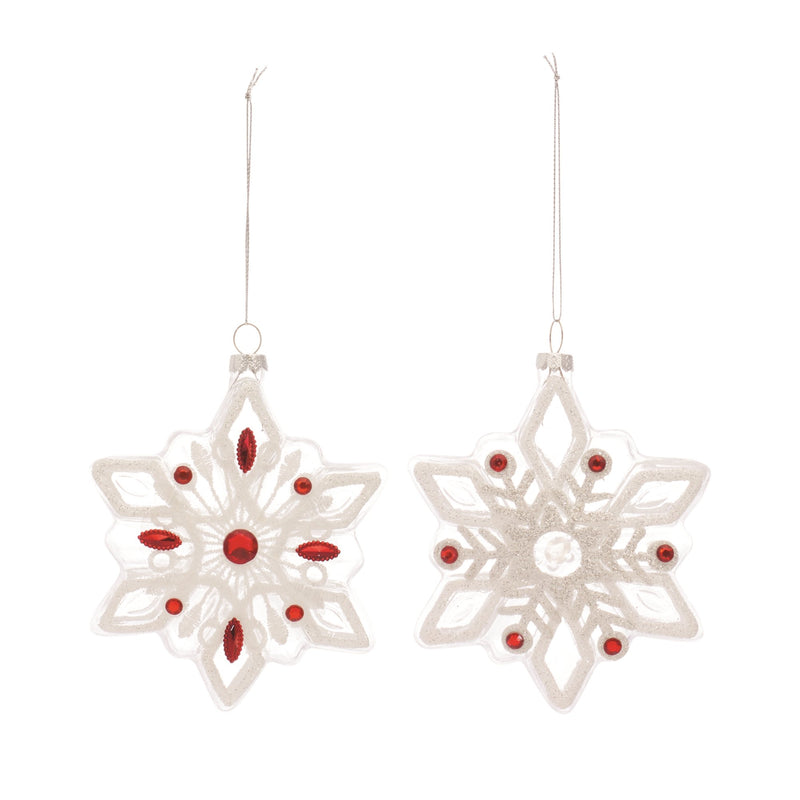 White Glass Snowflake Ornament with Red Bead Accent (Set of 12)
