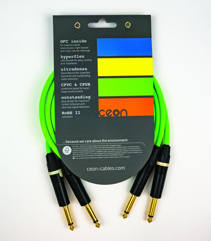 Cordial 2' Hi-Flex DJ Dual - 1/4″ TS to 1/4″ TS - Neon Green - CEONDJPLUG0.6G