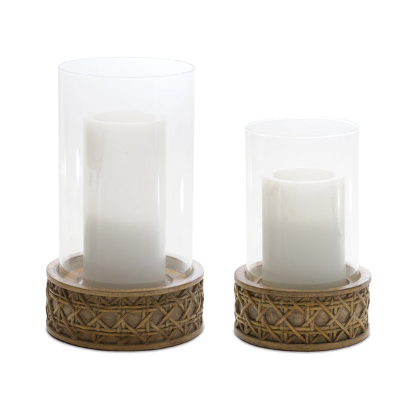 Wicker Design Candle Holder with Glass Hurricane (Set of 2)