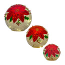 LED Mercury Glass Lighted Orb with Beaded Poinsetta Design (Set of 3)