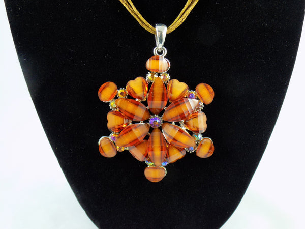 Necklace Crystal Rhinestone - Amber Flower - Vintage Style - Statement Bib Choker Classy