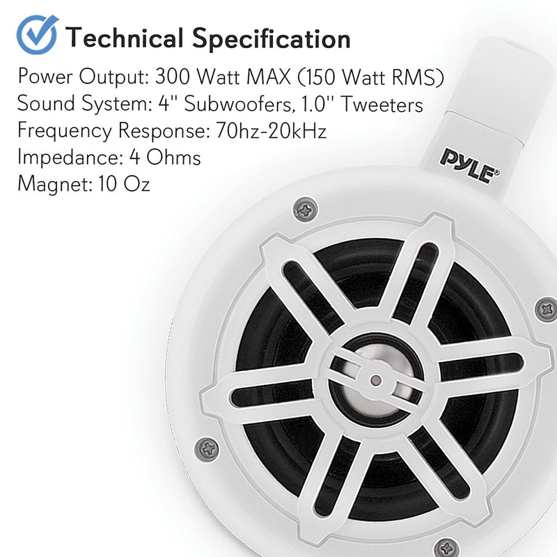 Pyle 4" 300 Watt Waterproof Marine Wakeboard Tower Speakers - Pair - PLMRWB45W