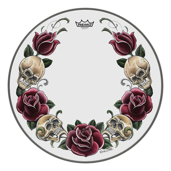Remo Powerstroke 22“ Bass Head with Tattoo Rock & Roses On White Graphic