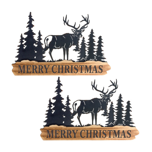 Wood Merry Christmas Sign with Cut Metal Forest Accent (Set of 2)