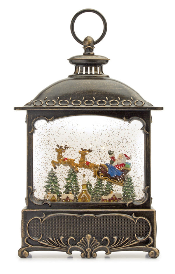 LED Snow Globe Lantern with Santa and Sleigh Scene 12"H