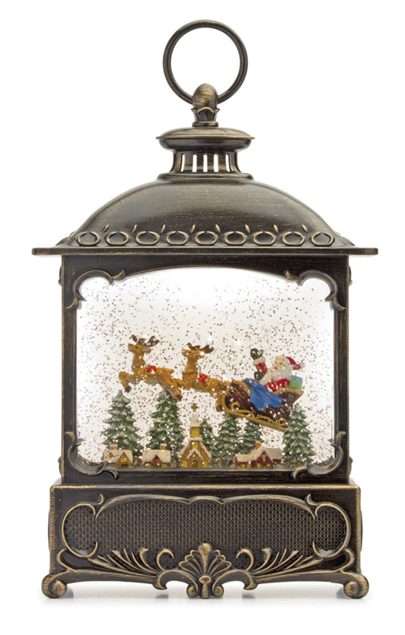 LED Snow Globe Lantern with Santa and Sleigh Scene 12"H
