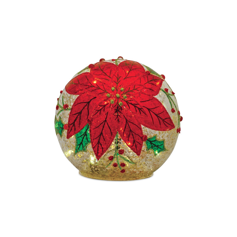 LED Mercury Glass Lighted Orb with Beaded Poinsetta Design (Set of 3)