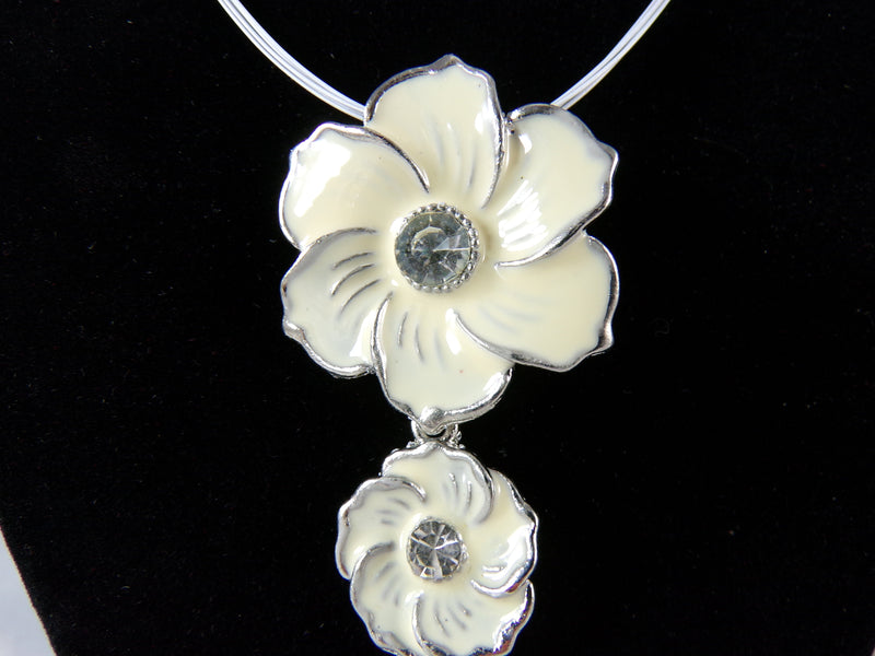 Pendant Necklace White Enamel Flowers w/ Rhinestone Centers - Cocktail Statement