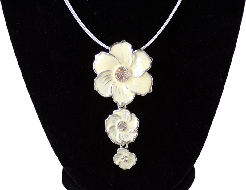 Pendant Necklace White Enamel Flowers w/ Rhinestone Centers - Cocktail Statement