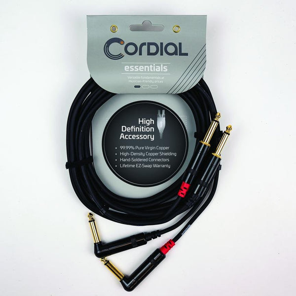 Cordial 10' Unbalanced Twin Cable - 1/4" Right Angle to 1/4" Straight - CFU3PR