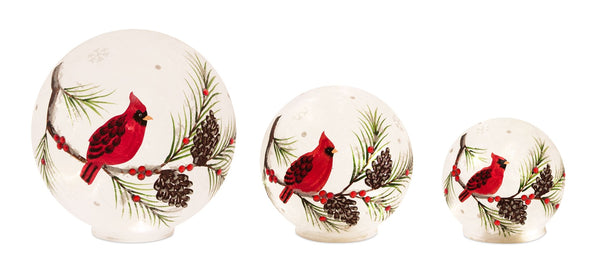LED Frosted Glass Cardinal and Pine Orb (Set of 3)