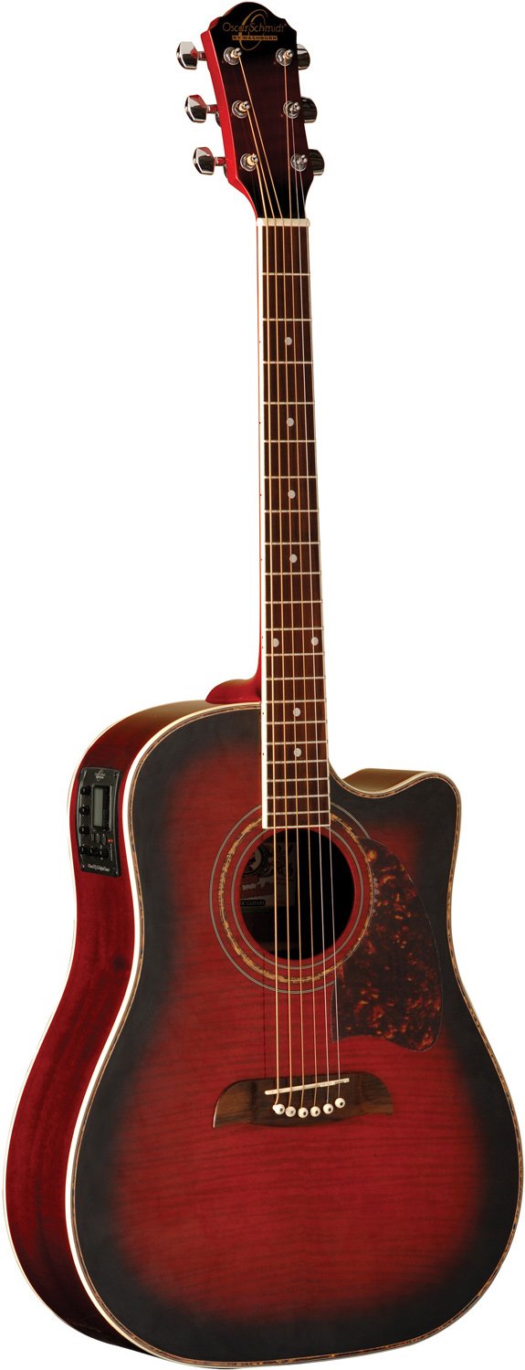 Oscar Schmidt Dreadnought Acoustic Electric Guitar - Flame Black Cherry - OG2CEF