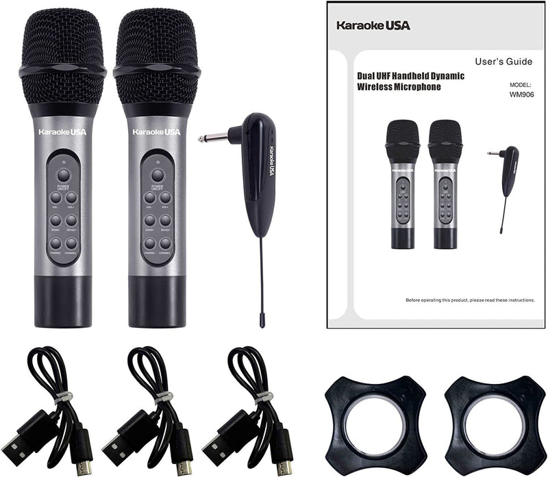 Karaoke USA WM906 Dual Professional 900 MHz UHF Wireless Handheld Microphones w/ Rechargeable Batteries WM906