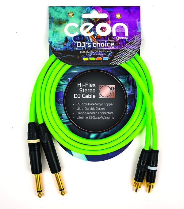 Cordial DJ Dual Stereo RCA to 1/4″ TS 10' Cable - Neon Green - CEONDJPLUG-RCA3G