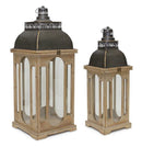 Natural Wooden Lantern with Distressed Metal Lid and Ornate Design (Set of 2)