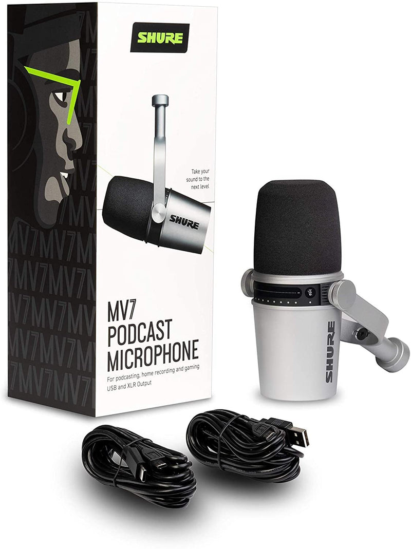 Shure MV7 Podcast Dynamic Microphone w/ USB & XLR - Silver - MV7-S-U