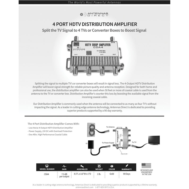 Antennas Direct TV/CATV Distribution Amp 4 Way Output CDA4