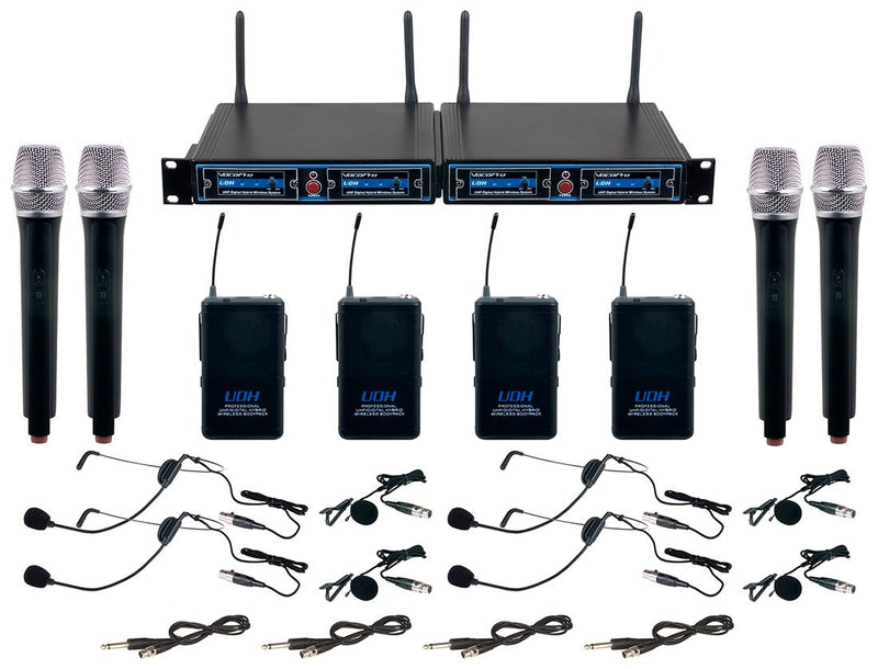 VocoPro 4CH UHF System w/ Handheld Mics, Bodypacks & Lavalieres - UDH4ULTRA