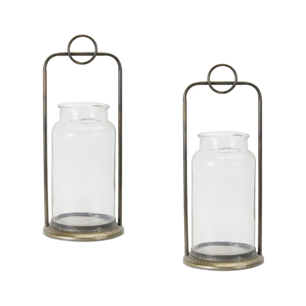 Antique Metal Candle Holder with Glass Jar (Set of 2)